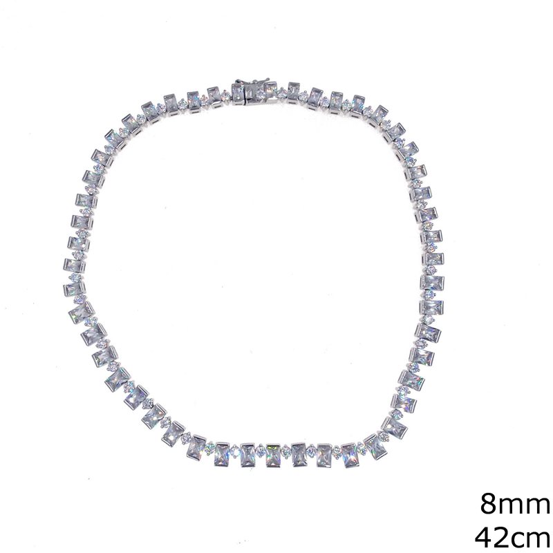 Silver 925 Necklace with Zircon and Baguettes 8mm, 42cm