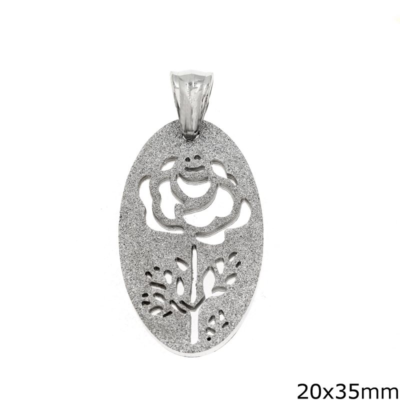 Stainless Steel Oval Pendant with Lacy Rose and Satin Finish 20x35mm