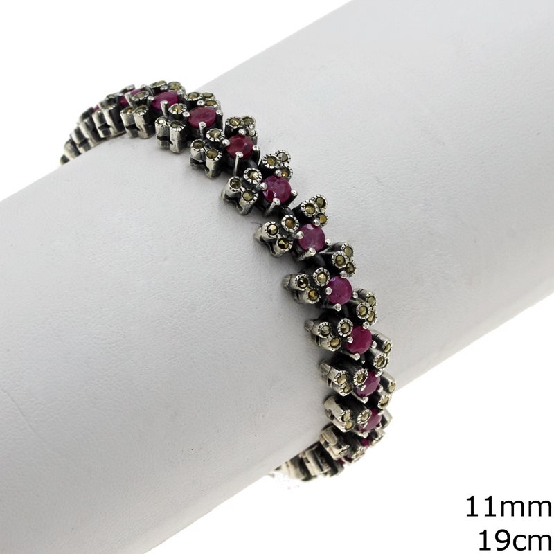 Silver 925 Bracelet with 11mm Chain, Marcasite and Semi Precious Stones 19cm