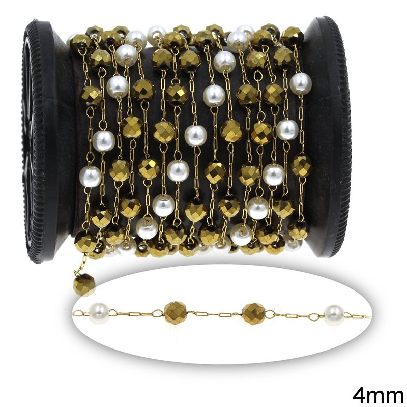 Stainless Steel Chain with Pearl and Faceted Hematite Bead 4mm
