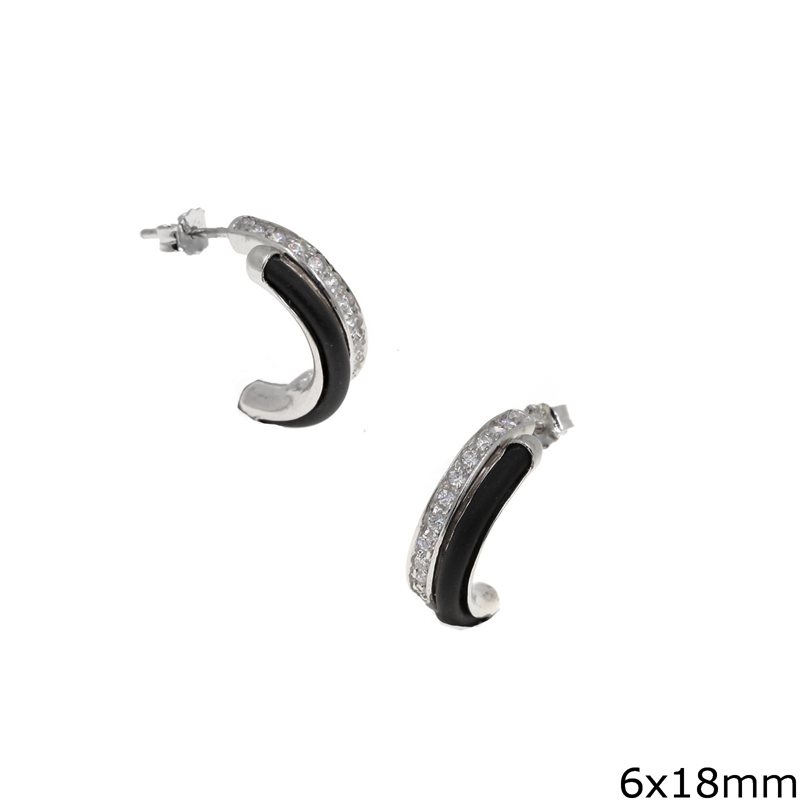 Silver 925 Half Circle Earrings with Zircon and Rubber 6x18mm