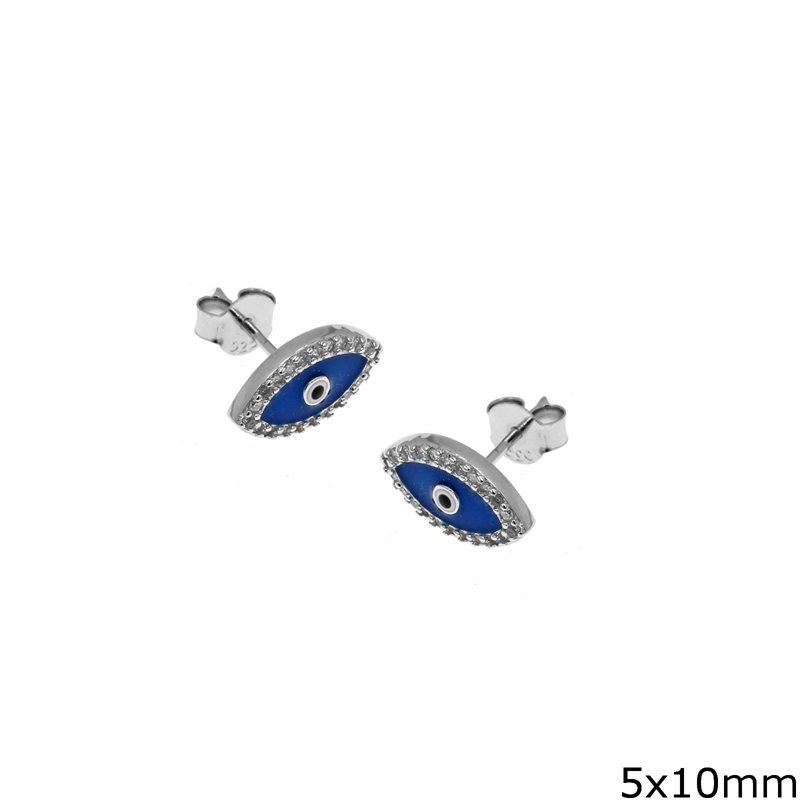 Σκουλαρίκια Ασημένια 925 Μάτι με Σμάλτο και Ζιργκόν 5x10mm