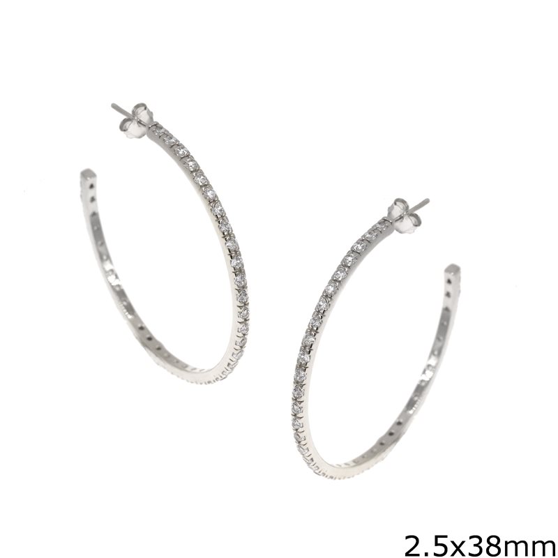 Silver 925 Oval Hoop Earrings with Zircon 2.5x38mm