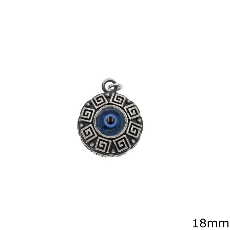 Silver 925 Pendant Disk with Meander and Evil Eye 18mm