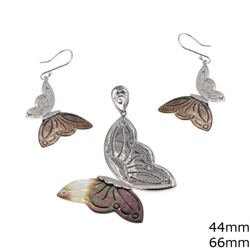 Silver 925 Set of Pendant Butterfly with Mop-shell 66mm and Earrings 44mm