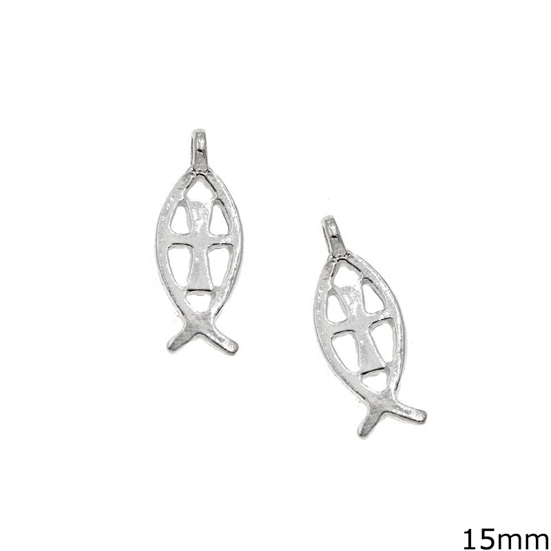 Silver 925 Pendant Outline Style Fish with Cross 15mm