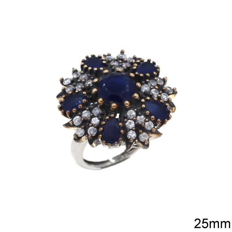 Silver 925 Ring Flower with Semi Precious Stones 25mm