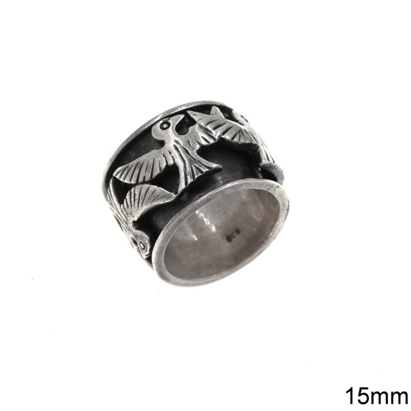 Silver 925 Ring with Birds 15mm, Oxidised