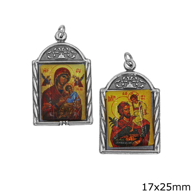 Μενταγιόν Ασημένιο 925 2ής Όψεως με Εικόνα Πλαστική Παναγία και Άγιος Χριστόφορος 17x25mm