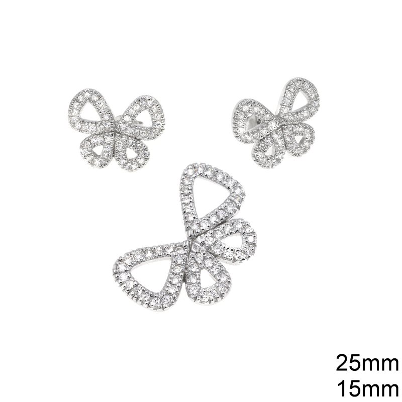 Silver 925 Set of Pendant 25mm & Earrings 15mm Butterfly with Zircon, Rhodium plated