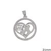 Silver 925 Pendant Circle and Heart Outline Style with Zircon "mama" 21mm