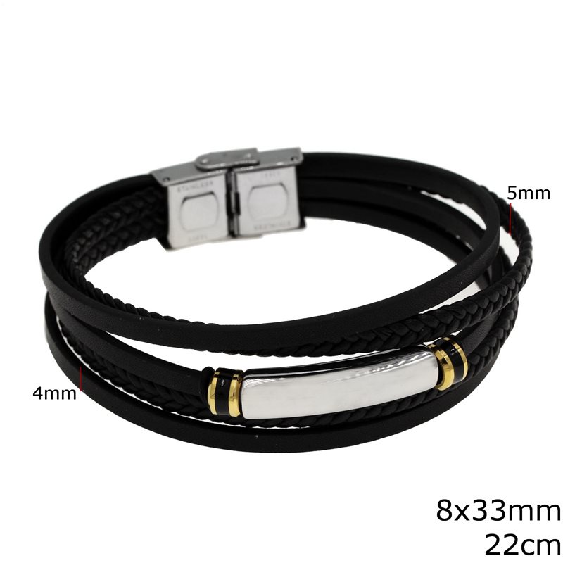 Stainless Steel Bracelet with Tube Bead 8x33mm and Leather Cords 4-5mm, 22cm