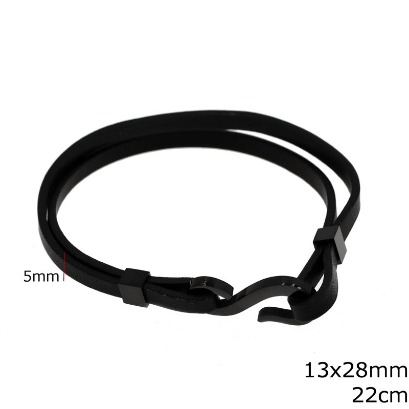 Stainless Steel Bracelet with Hook Claps 13x28mm and Double Leather Cord 5mm, 22cm
