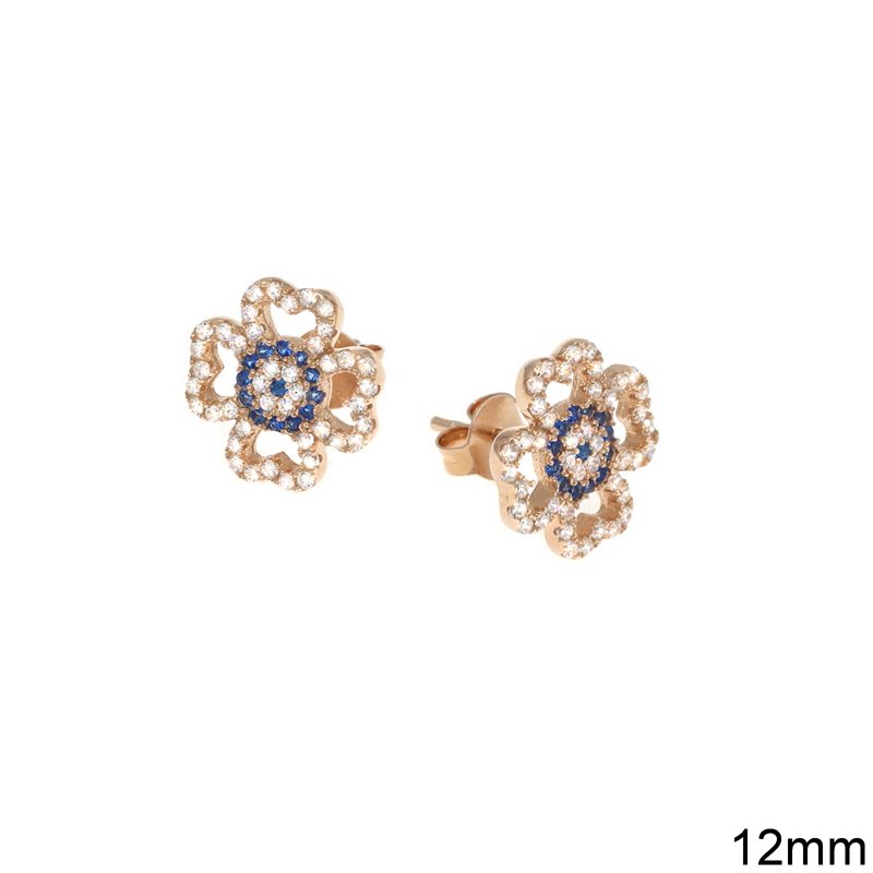 Σκουλαρίκια Ασημένια 925 Τετράφυλλο με Ζιργκόν 12mm, Ροζ χρυσό