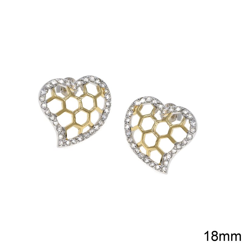 Σκουλαρίκια Ασημένια 925 Καρδιά με Ζιργκόν 18mm, Δίχρωμη