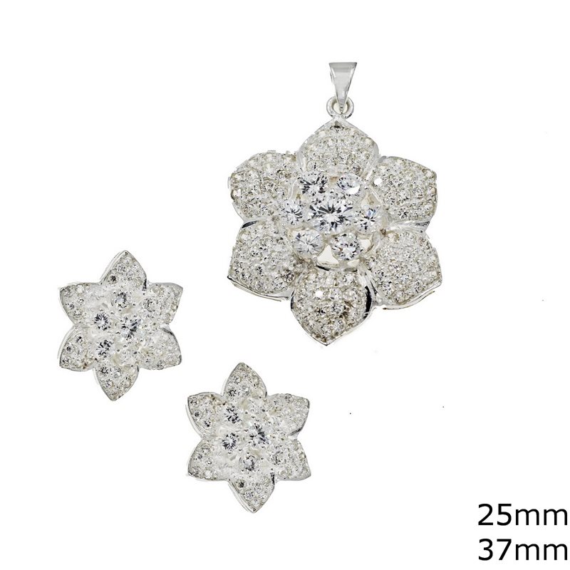 Silver 925 Set of Pendant Daisy with Zircon 37mm and Earrings 25mm