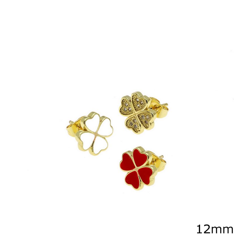 Brass Earrings  4-Leaf Clover with Enamel and Stones 12mm 