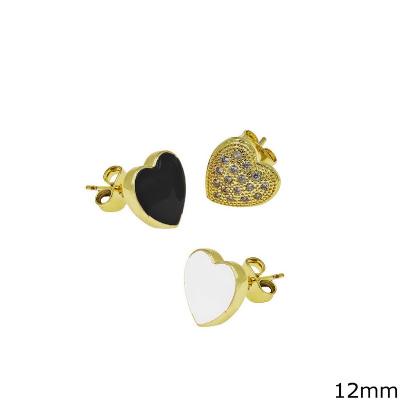 Brass Earrings Heart with Enamel and Stones 12mm 