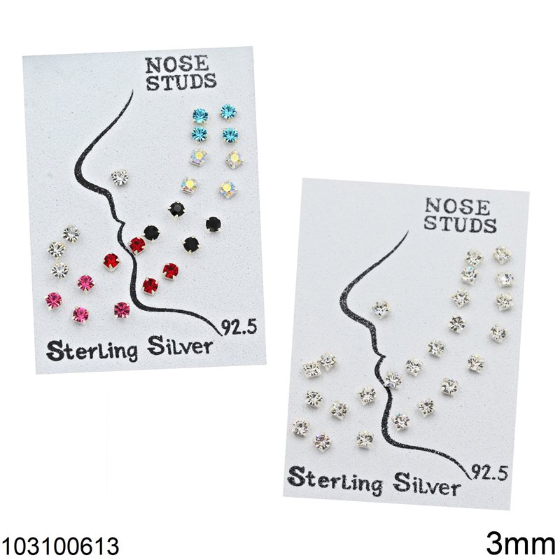 Silver 925 Nose Pin Stud with Rhinestone 3mm