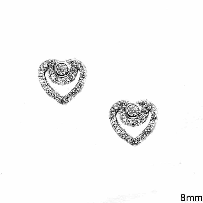 Σκουλαρίκια Ασημένια 925 Καρδιά Περίγραμμα με Ζιργκόν 8mm