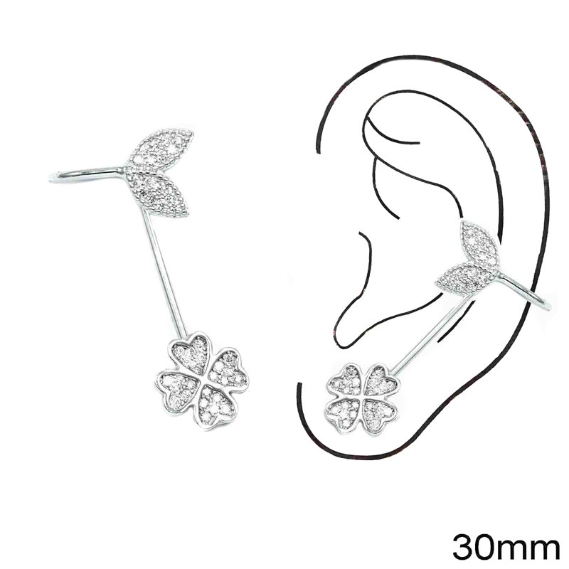 Silver 925 Earline Earrings 4-leaf Clover with zircon and Leaves 30mm