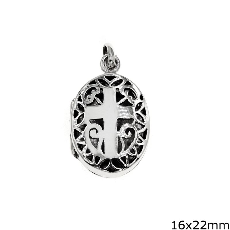 Silver 925 Locket Oval Pendant with Cross 16x22mm