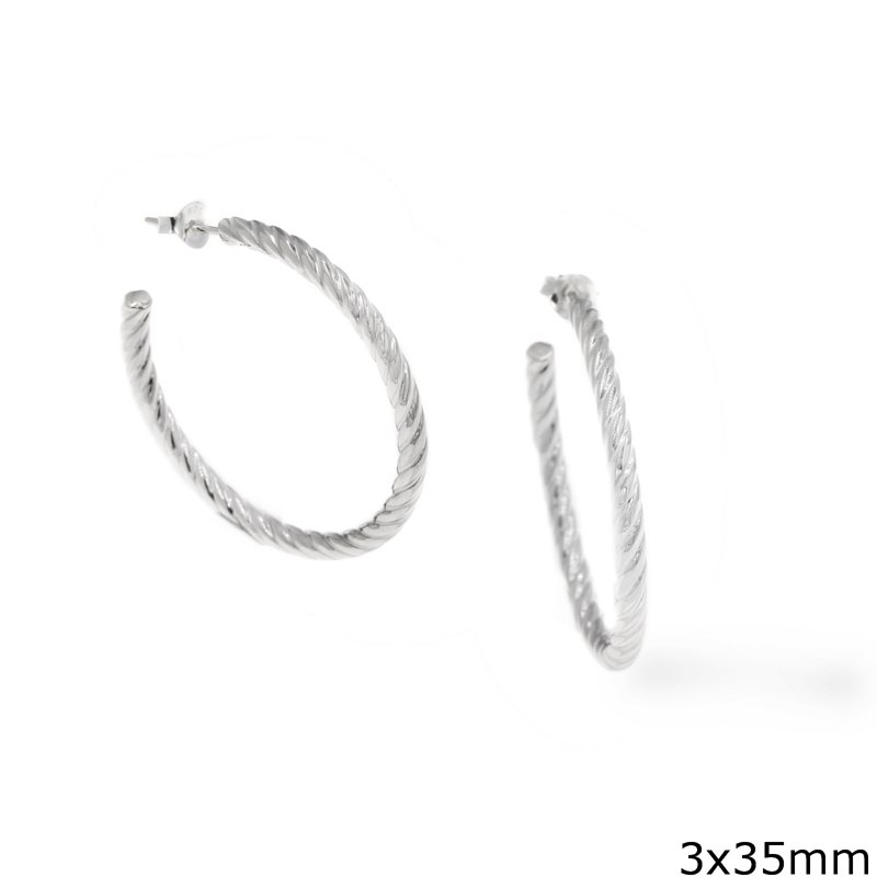 Silver 925 Striped Hoop Earrings 3x35mm