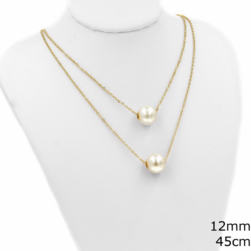 Stainless Steel Double Necklace with Pearls 12mm, 45cm