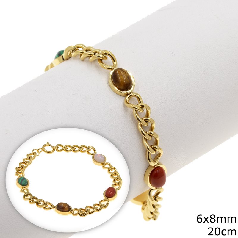 Stainless Steel Gourmette Chain Bracelet with Oval Semi Precious Stones 6x8mm, 20cm