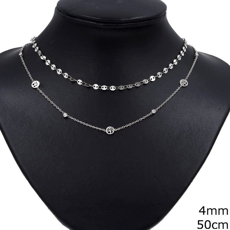 Stainless Steel Double Necklace with Coins and Tree of Life 4mm, 50cm