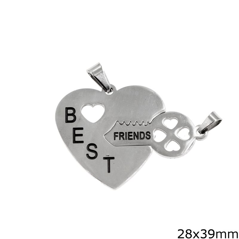 Stainless Steel Pendant Heart with Key "Best Friends" 28x39mm