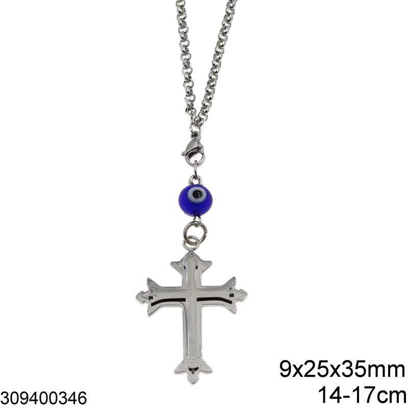 Stainless Steel Car Amulet Double Cross with 9x25x35mm and Evil Eye, 14-17cm