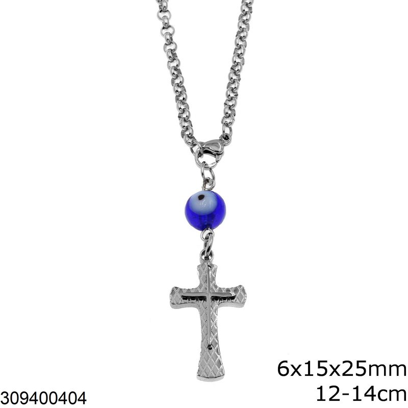 Stainless Steel Car Amulet Double Cross with Caro Pattern 6x15x25mm and Evil Eye, 12-14cm