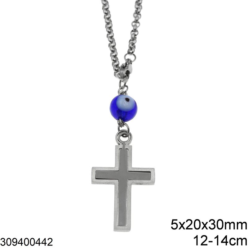 Stainless Steel Car Amulet Double Cross 5x20x30mm with Evil Eye,12-14cm