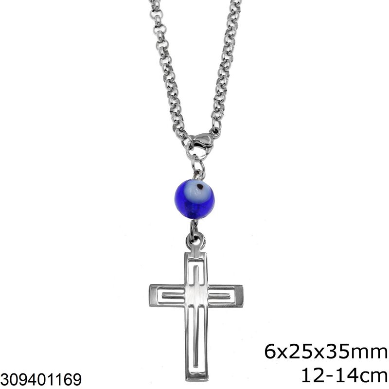 Stainless Steel Car Amulet Cross Outline Style 6x25x35mm with Evil Eye,12-14cm