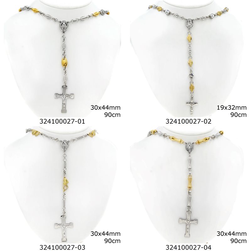 Stainless Steel Rosary Necklace with Anchor Chain and Cross, 90cm