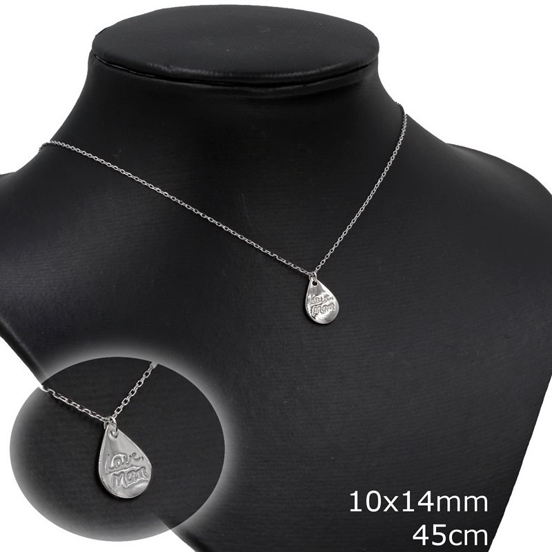 Silver 925 Necklace with Pearshaped Tag "Love Mom" 10x14mm, 45cm