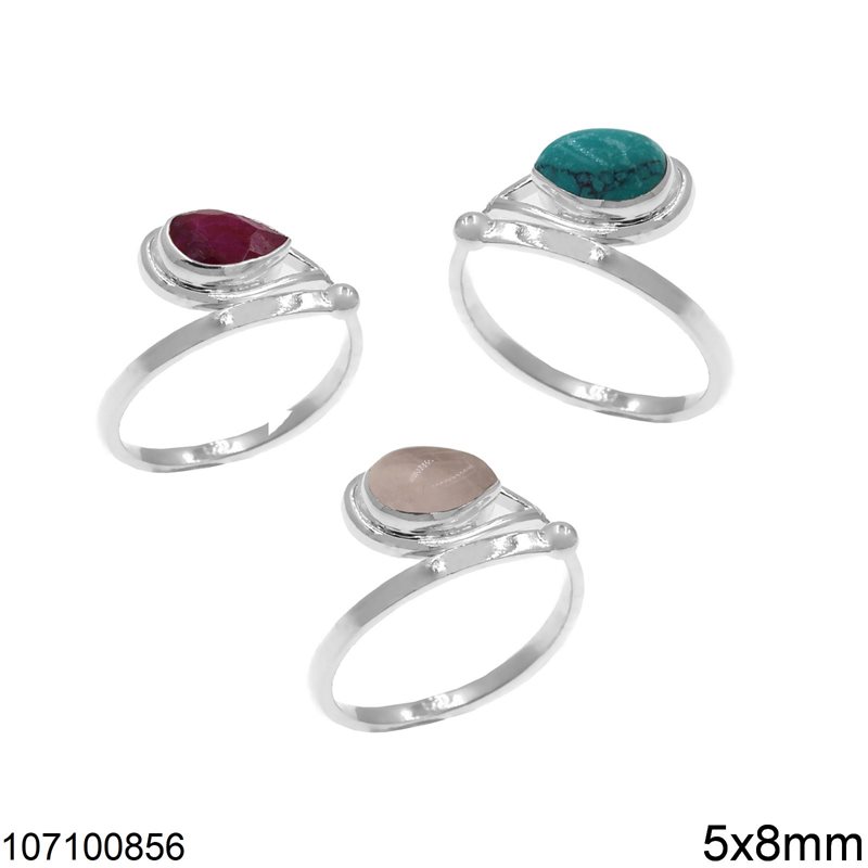Silver 925 Ring with Pearshape Semi Precious Stone 5x8mm