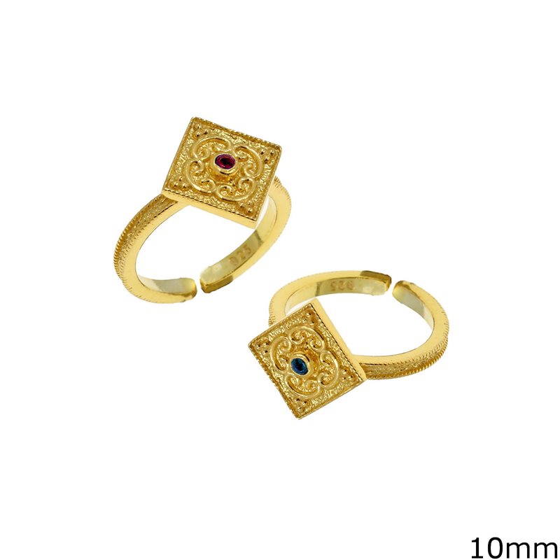 Δαχτυλίδι Ασημένιο 925 Βυζαντινό Τετράγωνο 10mm  με Πέτρες