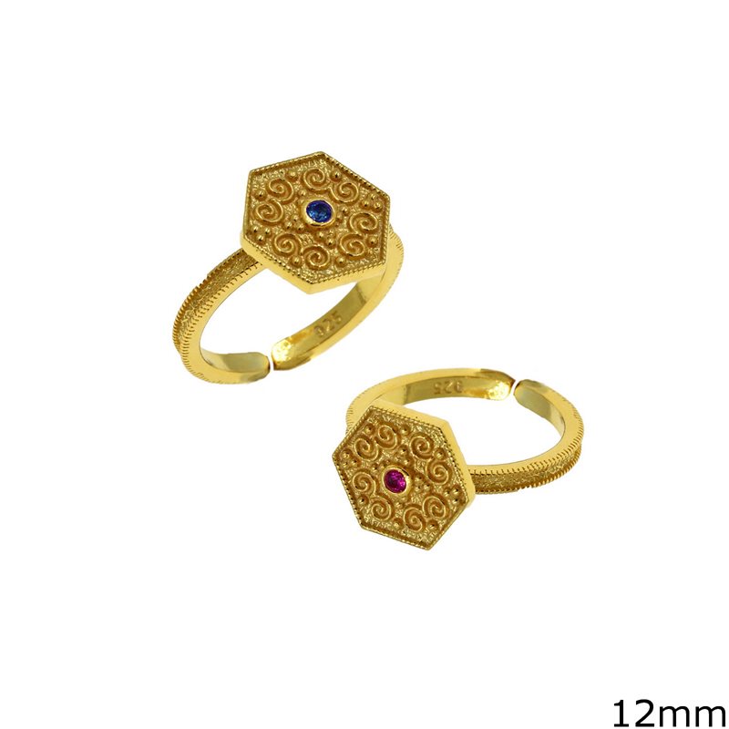Silver 925 Byzantine Ring Hexagon 12mm with Stones