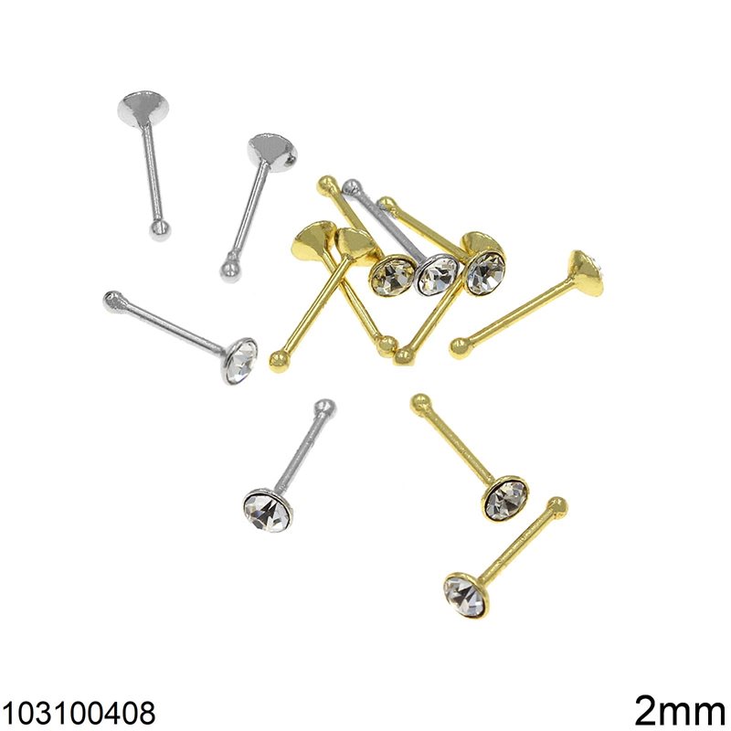 Silver 925 Nose Pin Stud with Rhinestone 2mm