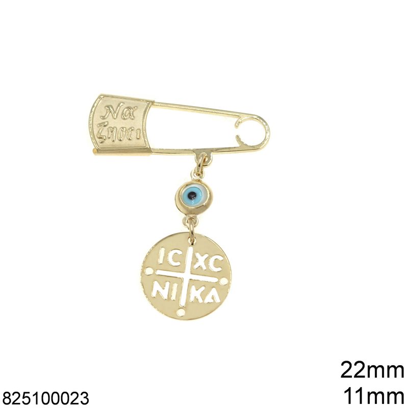 Gold Safety Pin 22mm with Round Evil Eye 4mm K9 0.77gr