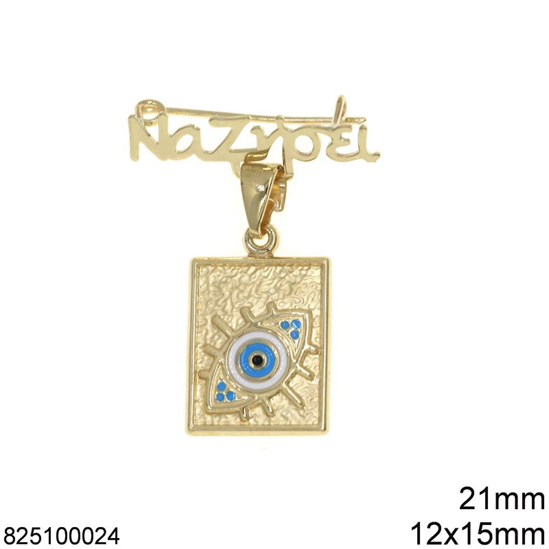 Gold Safety Pin 21mm with Rectangular Evil Eye 12x15mm K9 0.91gr