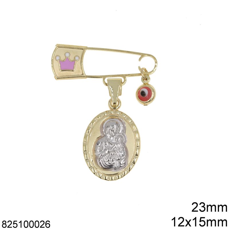 Gold Safety Pin Pink Crown 23mm with Holy Mary 12x15mm and Evil Eye 4mm K9 1gr