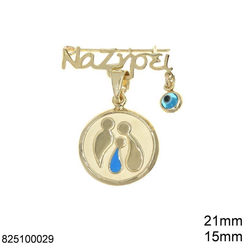 Gold Safety Pin 21mm with Family 15mm and Evil Eye 4mm K9 1.02gr