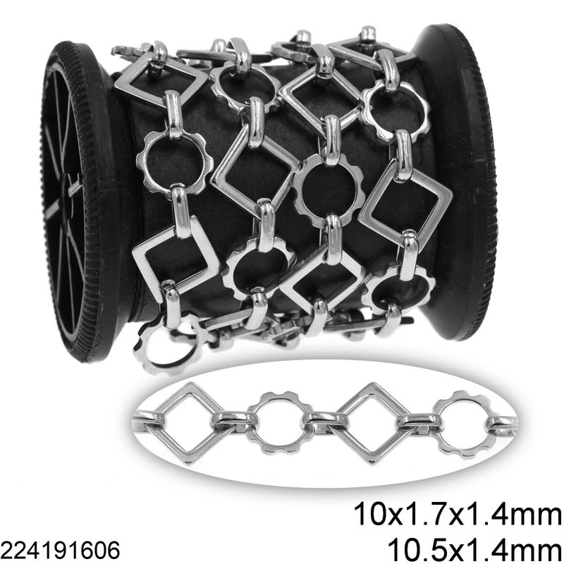 Stainless Steel Chain Square Link 10x1.7x1.4mm and "Gear" Link 10.5x1.4mm