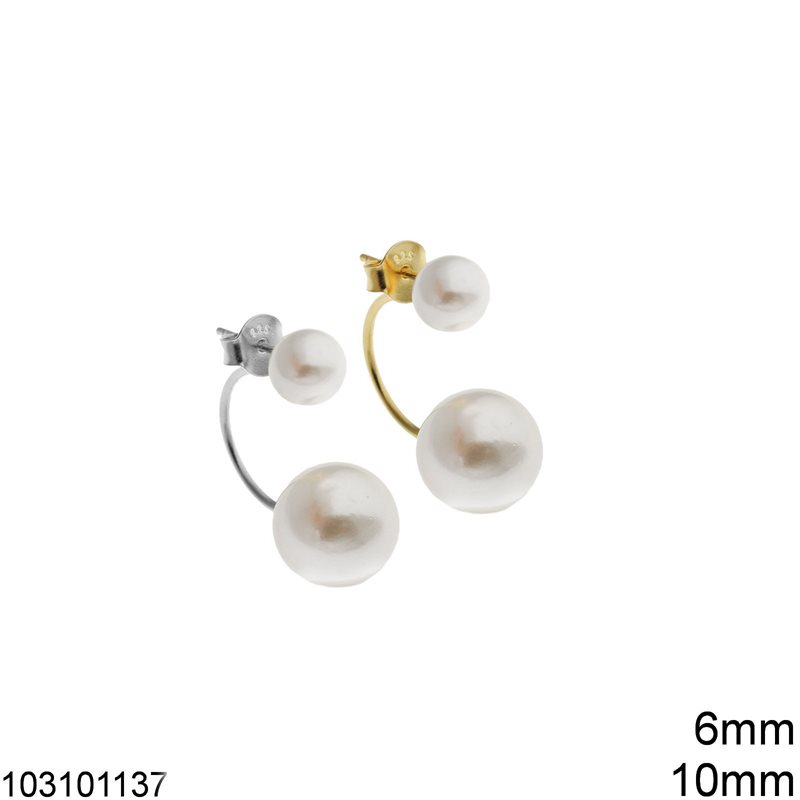 Σκουλαρίκια Ασημένια 925 με Πέρλα Διπλή 6mm και 10mm