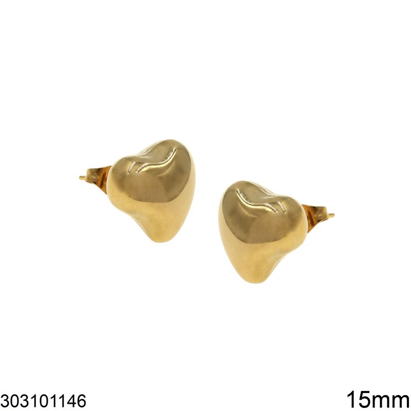 Σκουλαρίκια Ατσάλινα Καρφάκι Καρδιά 15mm, Χρυσό