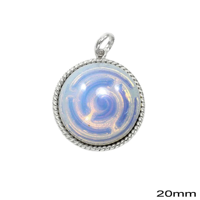 Silver 925 Round Pendant with Glass Stone Opal 20mm