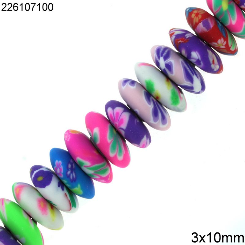 Rubber Polymer Clay Rondelle Beads with Flowers 3x10mm